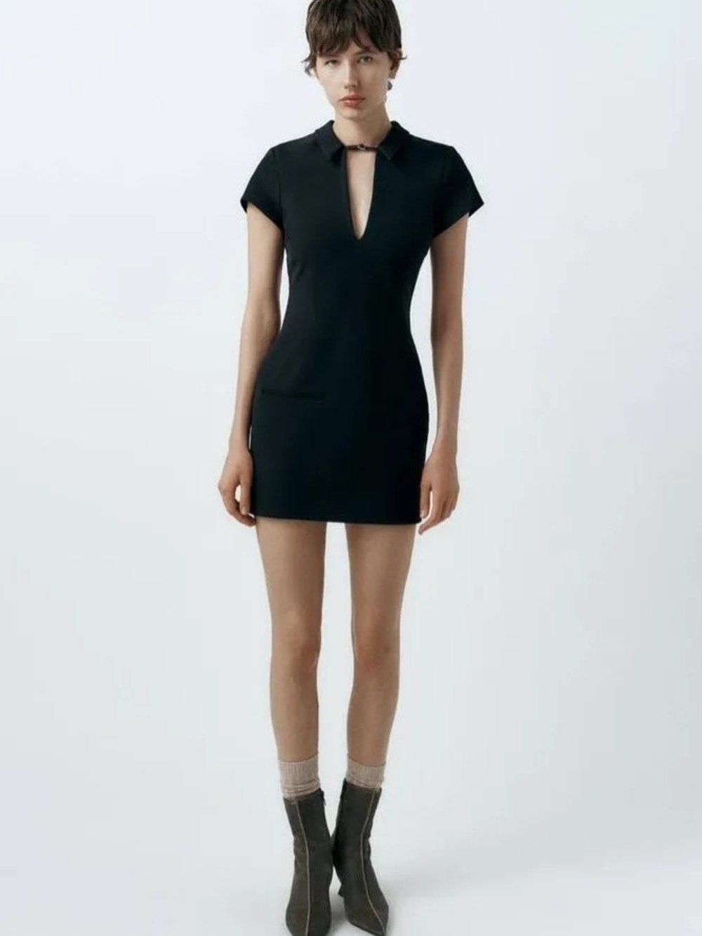 Zara Black Polo-Style Mini Dress with Keyhole